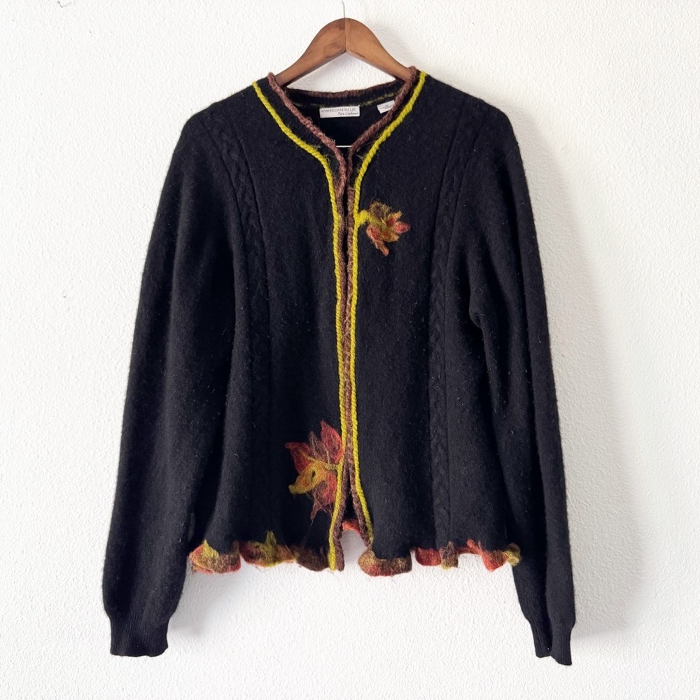Cottagecore American Blue Pure Cashmere Felted Leaf Artisan Cardigan M Boho Chic - Picture 2 of 16